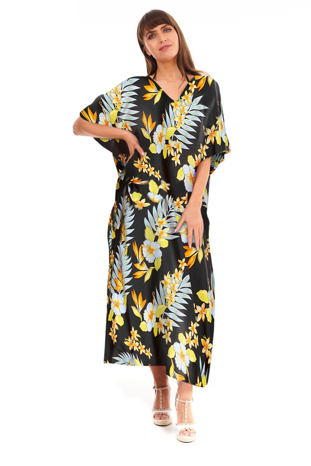 Yellow Floral Print Kaftan Dress